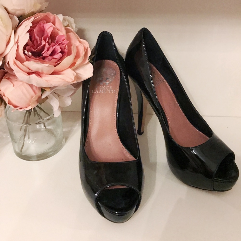 Vince Camuto patent heel party peep toe pump shoes